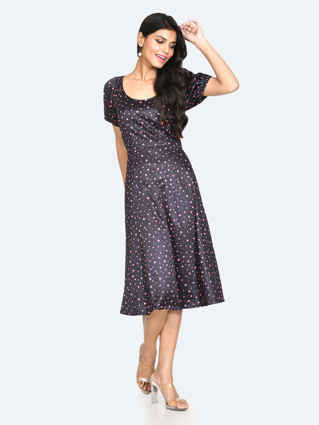 Zink London Printed Round Neck A-Line Midi Dress