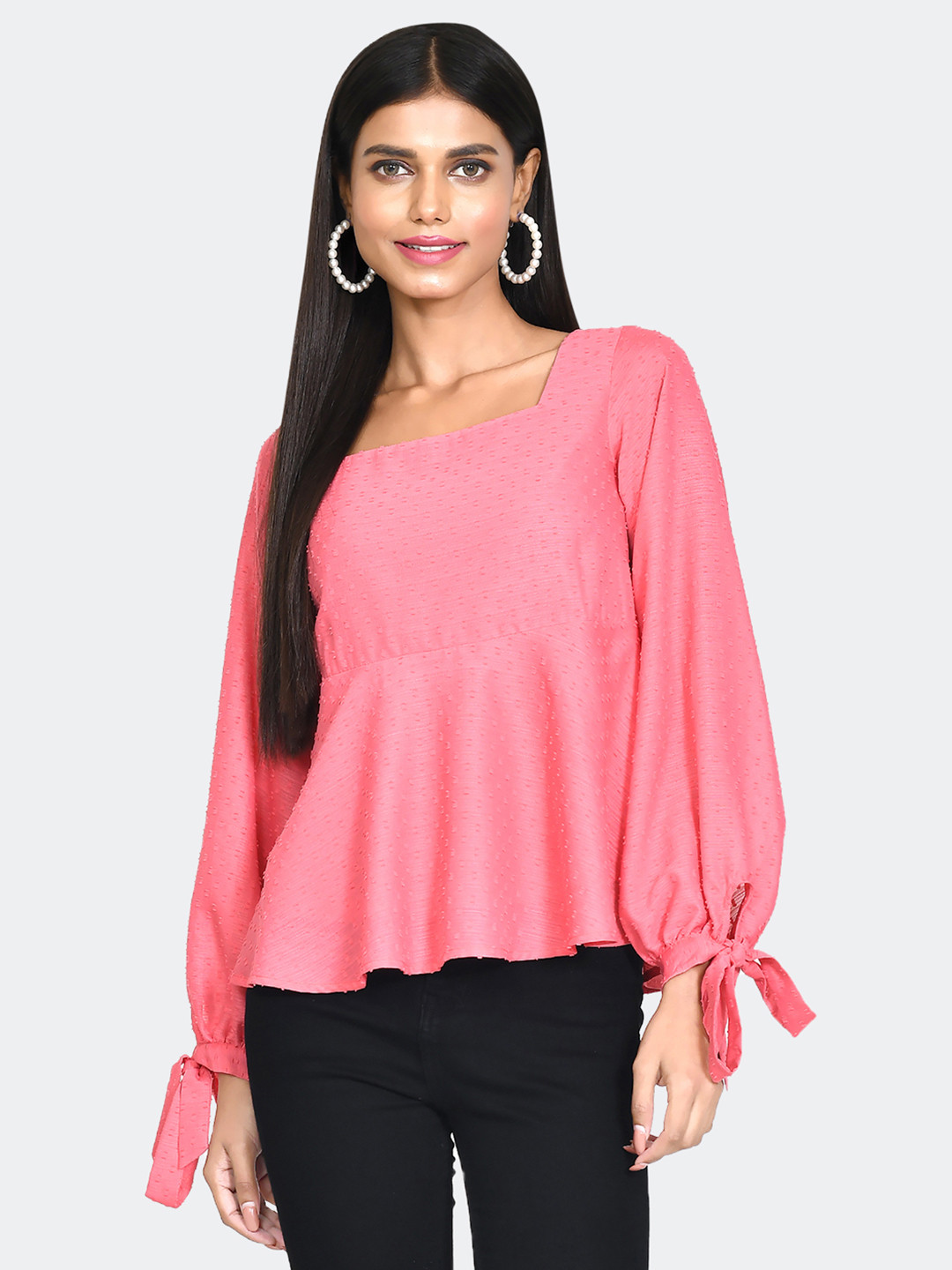 Zink London Self Design Tie-Up Sleeves Peplum Top