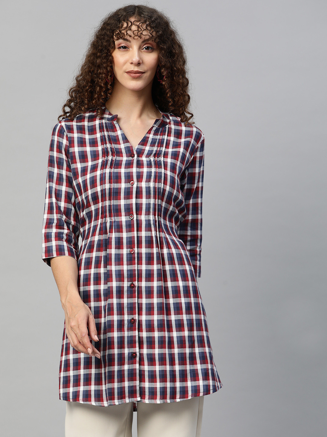 One Femme Pure Cotton Mandarin Collar Checked Shirt Style Tunic