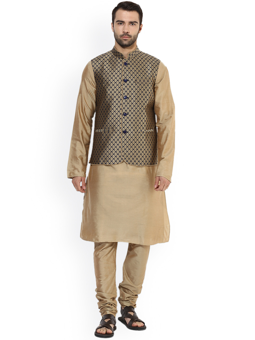 KISAH Men Taupe & Navy Blue Solid Kurta with Churidar and Nehru Jacket