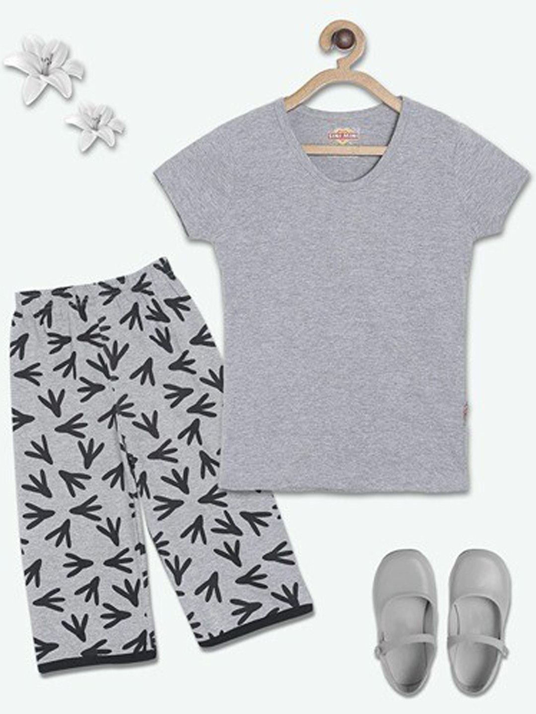 SINI MINI Girls Grey Melange & Black Night suit