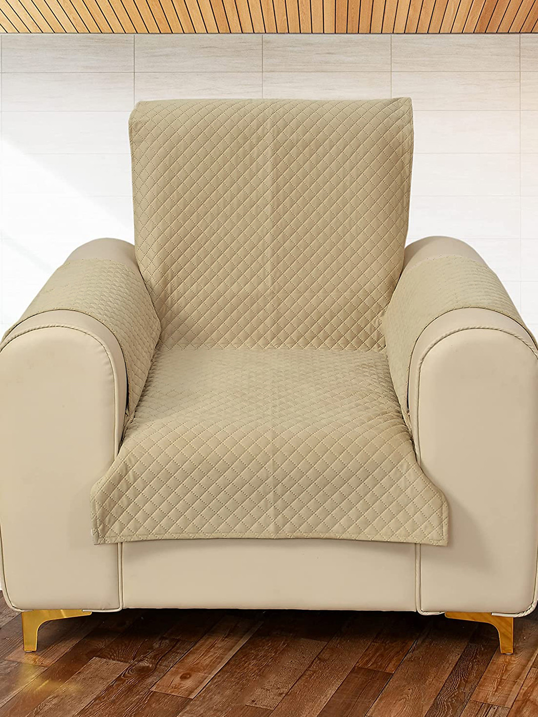 STITCHNEST Beige Criss-Cross Patterned Velvet Fade Resistant Single Seater Sofa Cover