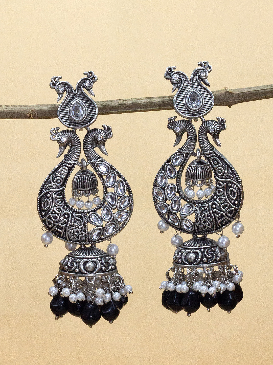 PRIVIU Silver-Plated Stone Studded & Beaded Dome Shaped Jhumkas