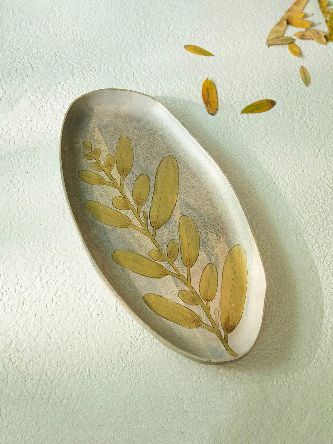 ellementry Wisteria Brown & Yellow Autumn Leaves Printed Wooden Serving Platter