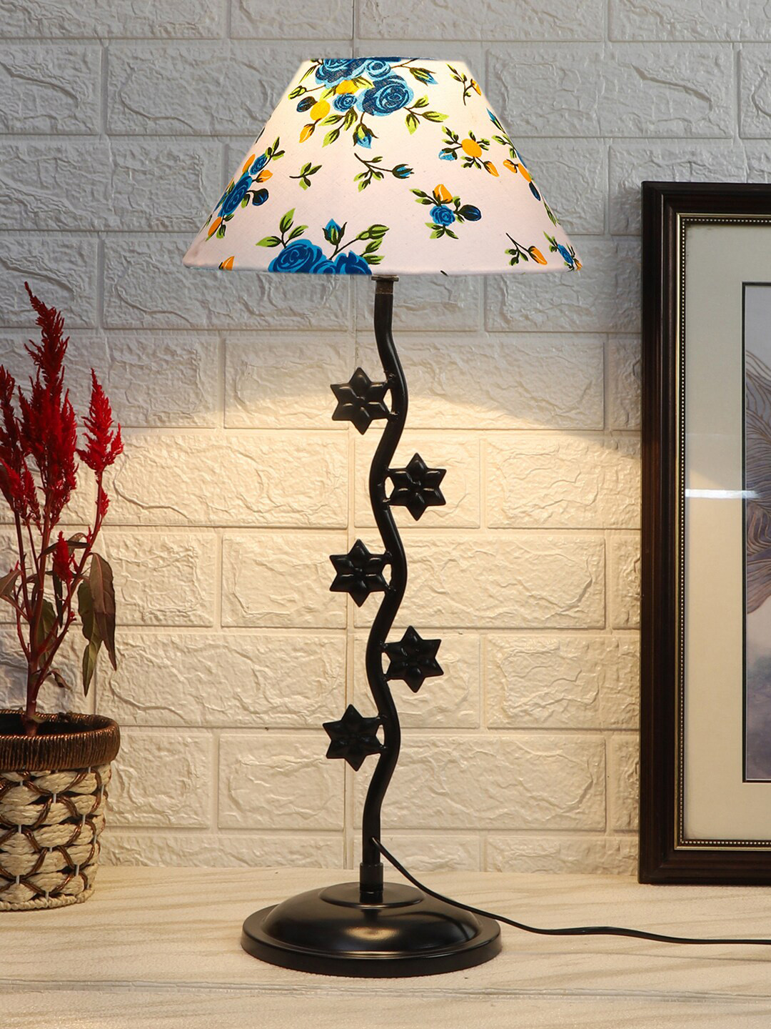 Devansh White & Blue Floral Printed Cotton Zig Zag Star Table Lamp With Iron Base