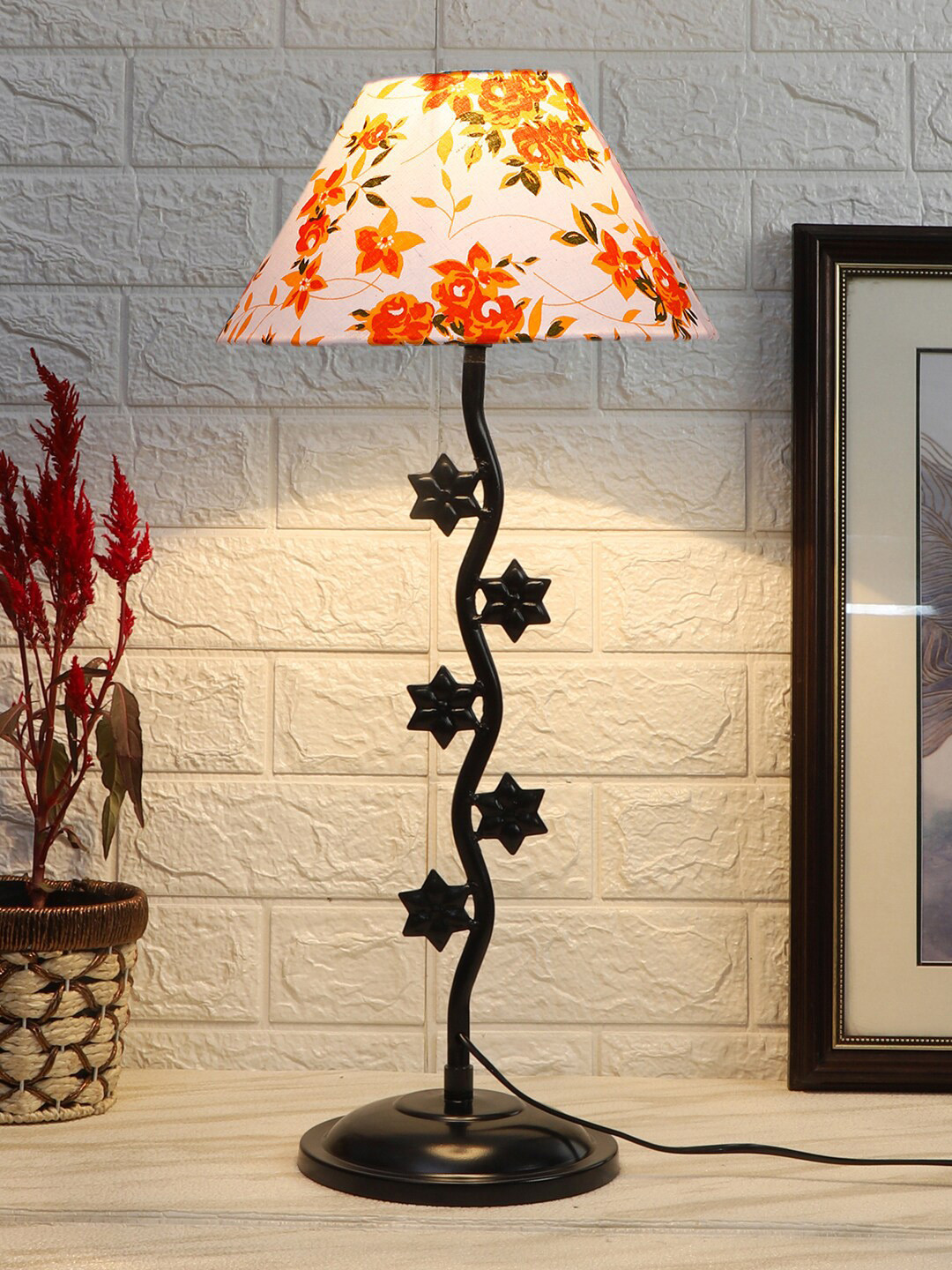 Devansh White & Orange Floral Printed Cotton Zig Zag Star Table Lamp With Iron Base