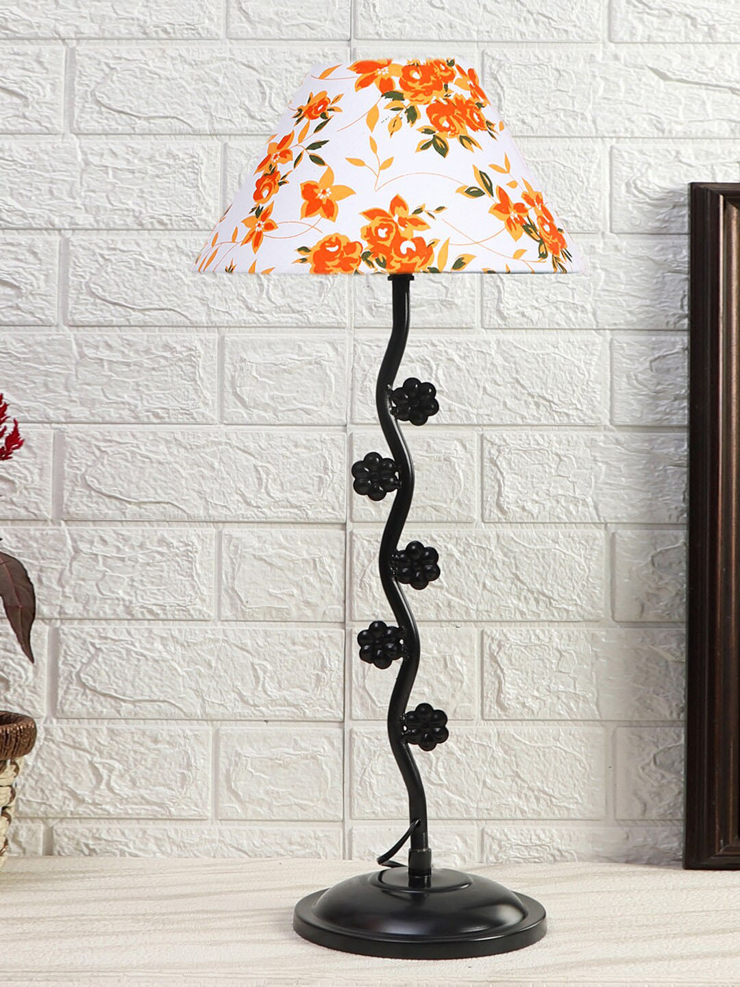 Devansh White & Orange Floral Printed Cotton Zig Zag Table Lamp With Iron Base