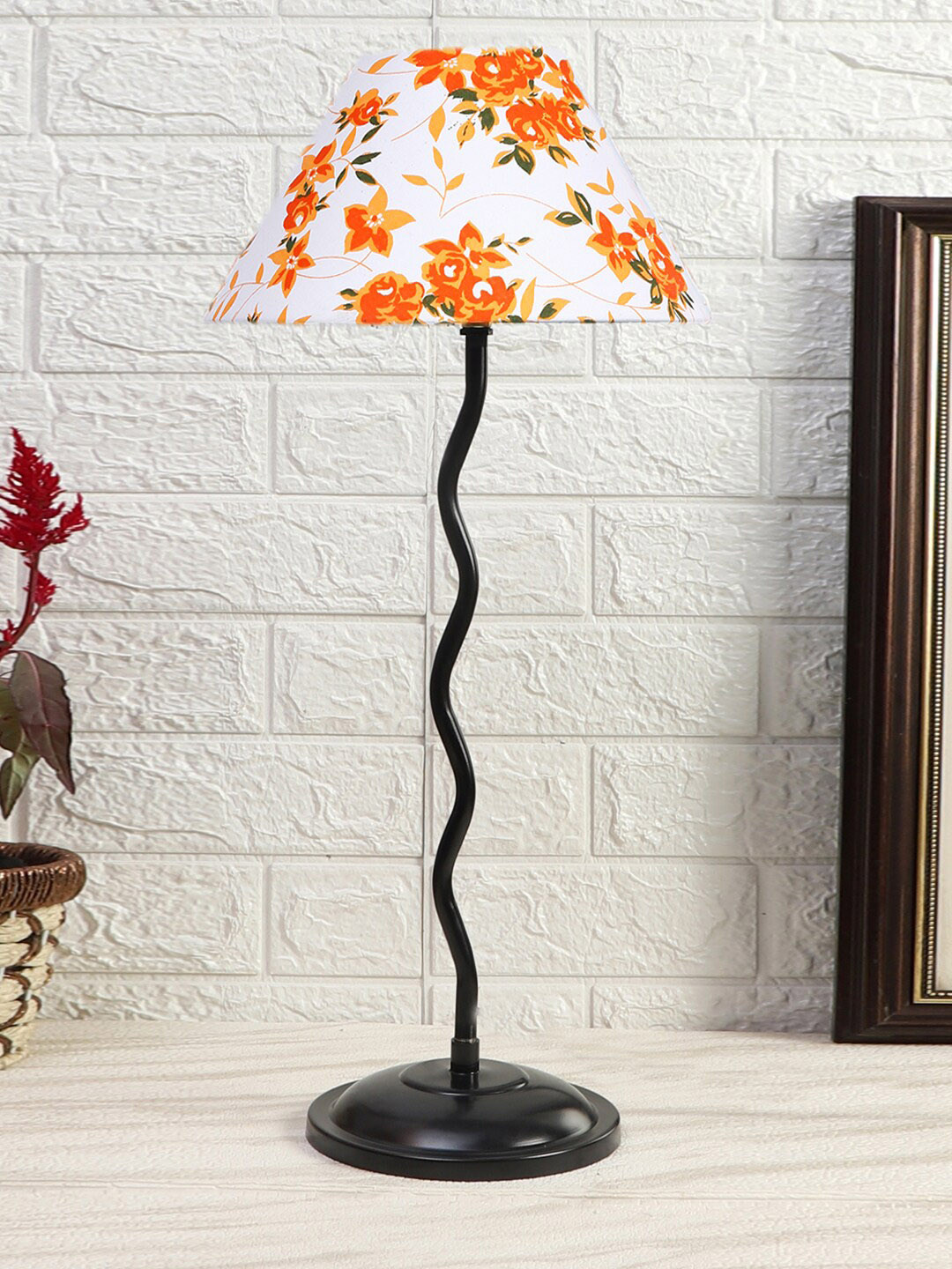 Devansh White & Orang Floral Printed Cotton Zig Zag Table Lamp With Iron Base