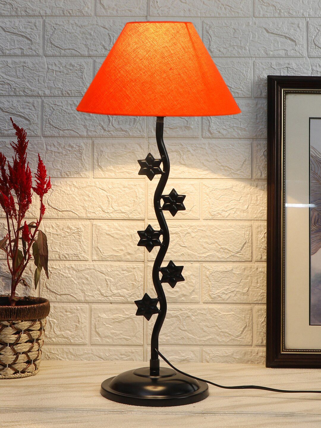 Devansh Orange & Black Zig Zag Textured Cotton Zig Zag Table Lamp With Iron Base