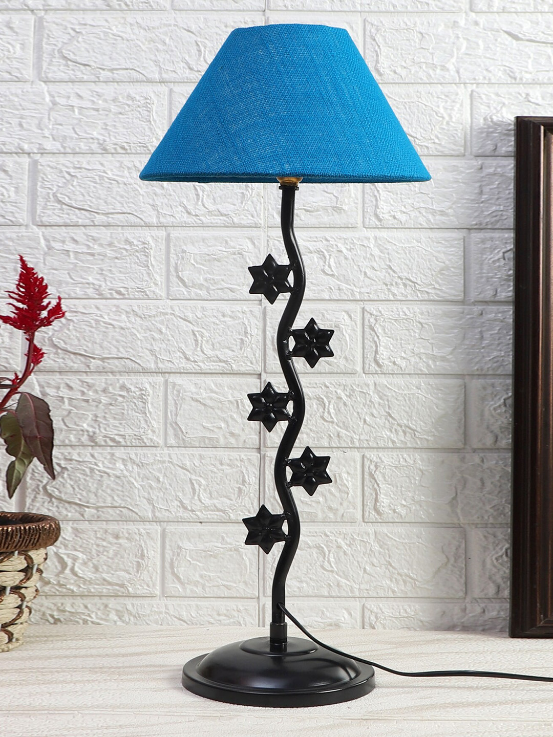 Devansh Turquoise Blue & Black Zig Zag Star Design Iron Table Lamp With Jute Shade