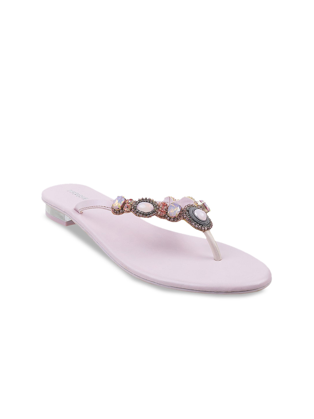 Mochi Women Embellished Open Toe T-Strap Flats
