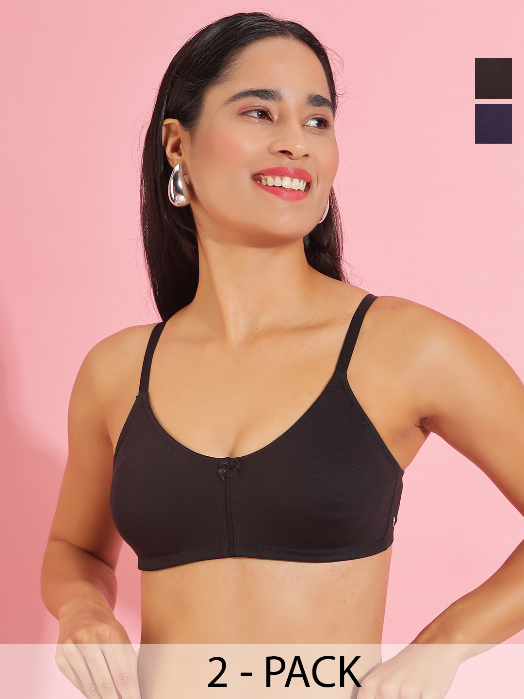 Dollar Missy Pack of 2  Cotton Wire-Free Full Coverage Bra DES-1051-R3-BLK-NVY-PO2