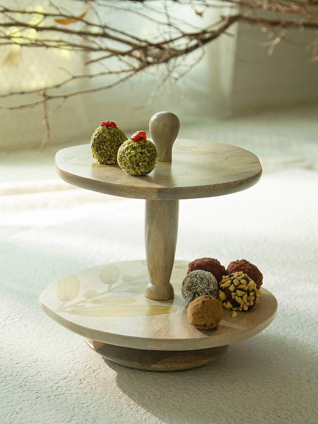 ellementry Wisteria Beige & Yellow Printed Wooden 2-Tier Cake Stand