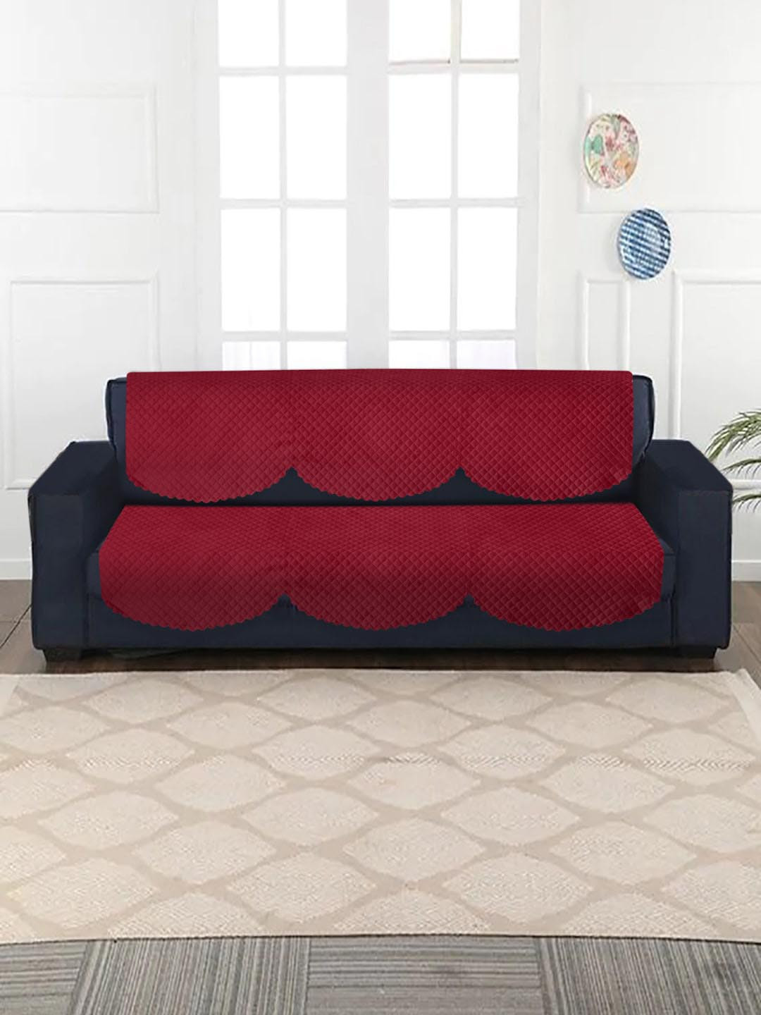 HOSTA HOMES Maroon Self-Design Velvet Quilted 3-Seater Sofa Cover With Arm Rest Cover