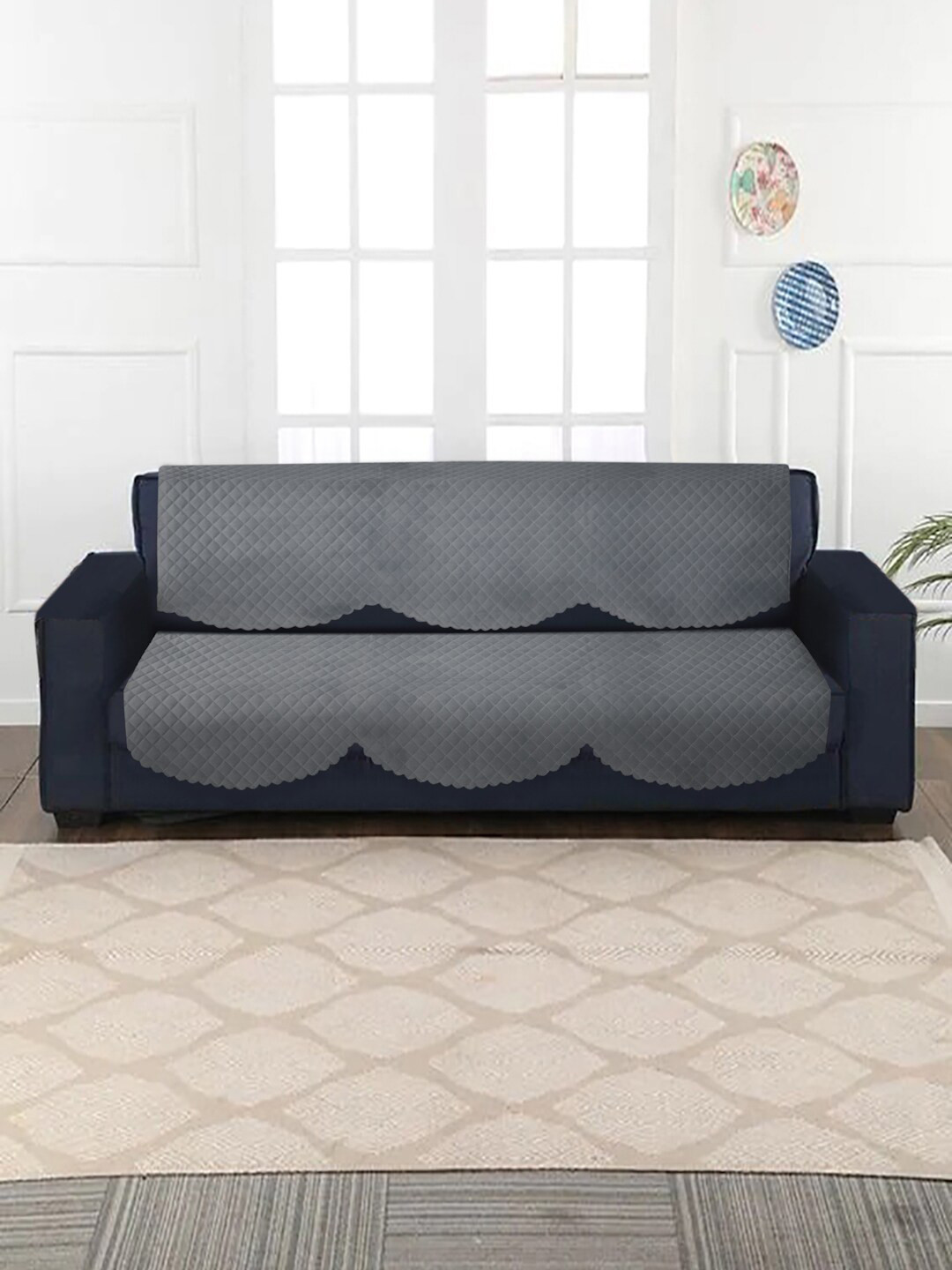 HOSTA HOMES Grey Self-Design Quilted Velvet 3-Seater Sofa Cover With Arm Rest Cover