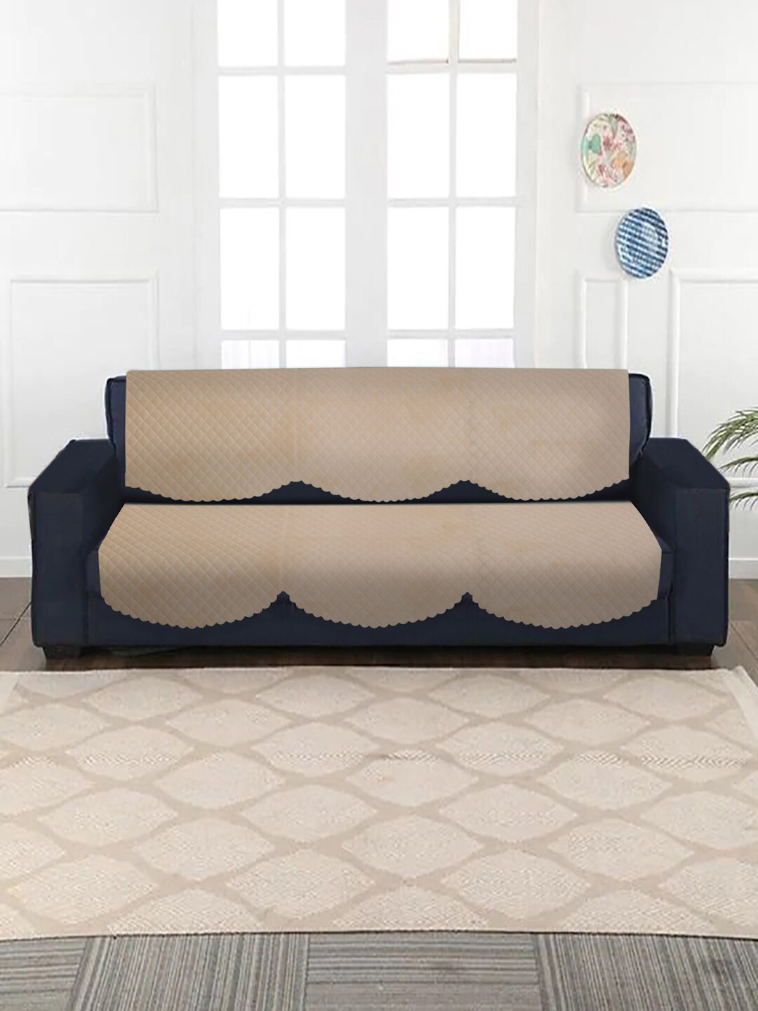 HOSTA HOMES Beige Self-Design Quilted Velvet 3-Seater Sofa Cover With Arm Rest Cover