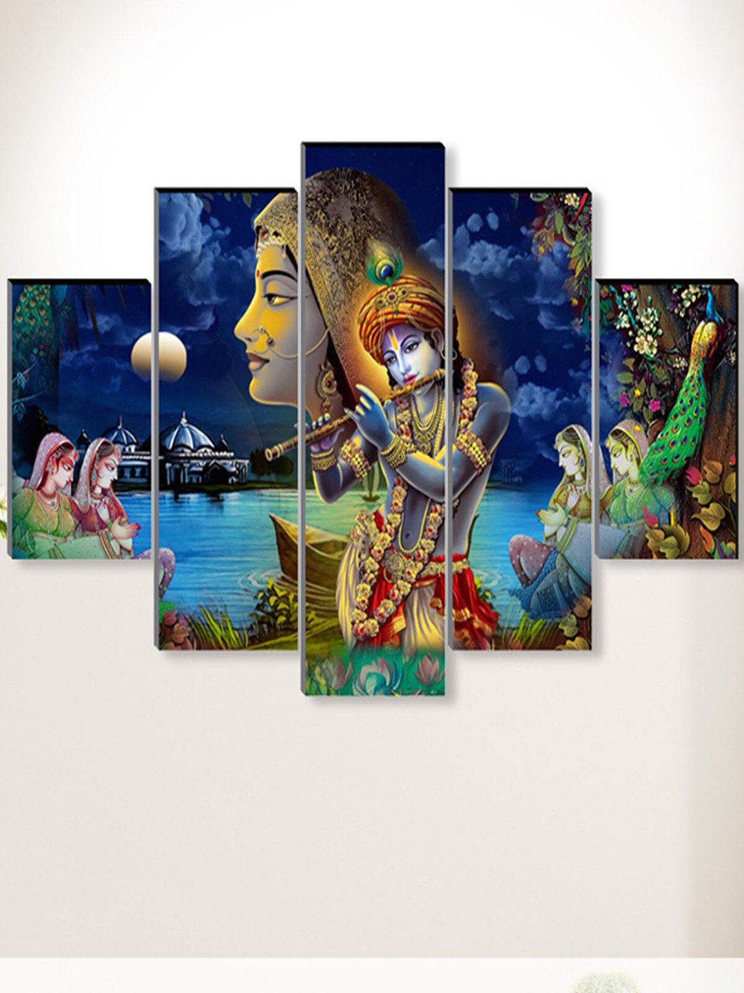 SAF 5 Pcs Blue Radha Krishna UV Textured Religious Theme Painting Wall Art