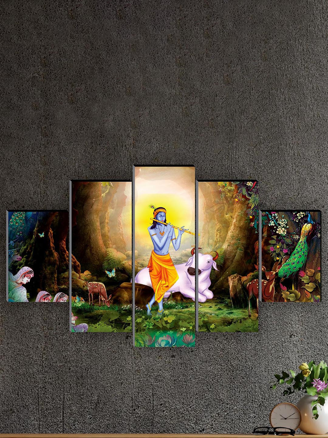 SAF 5 Pcs Green Radha Krishna UV Textured Religious Theme Painting Wall Art