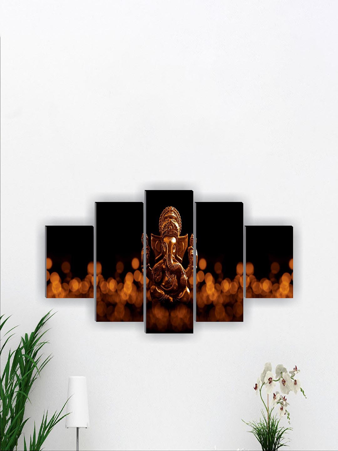 SAF 5 Pcs Black & Bronze Ganesha UV Textured Religious Theme Painting Wall Art