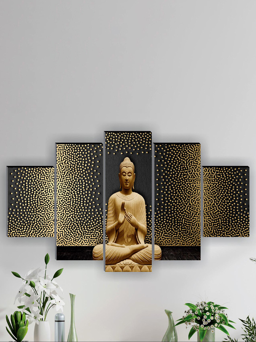 SAF 5 Pcs Gold-Coloured Buddha UV Textured Religious Theme Painting Wall Art