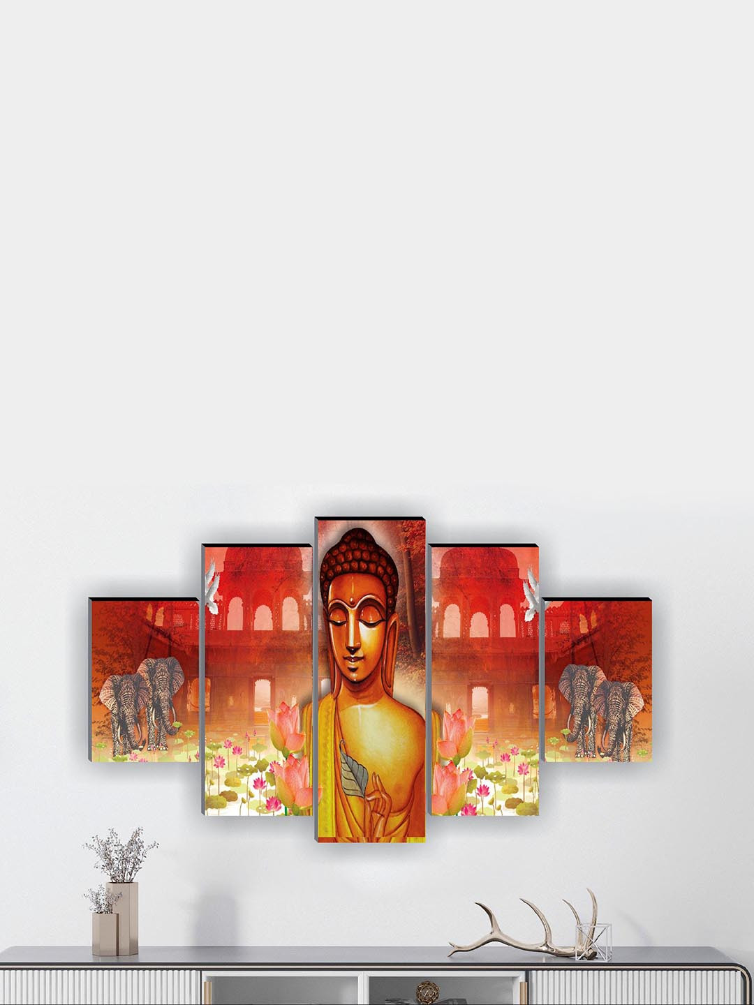 SAF Buddha Paper 5 Piece Wall Rectangle Paintings Wall Art - 30 x 18 In