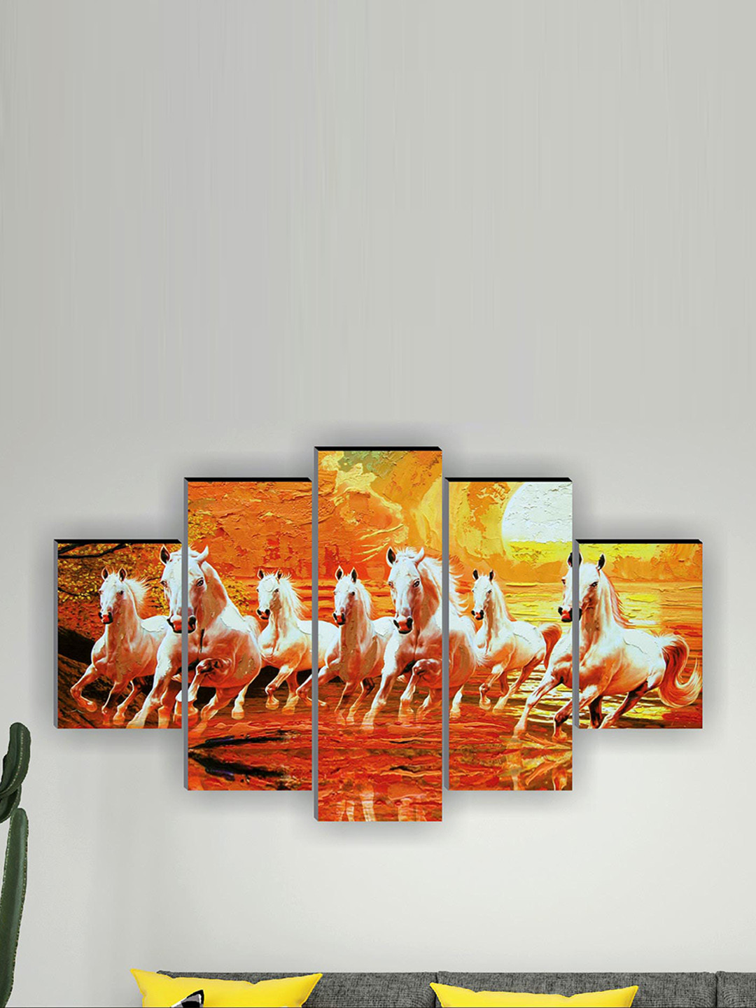 SAF 5 Pcs Orange Seven Running Horses UV Textured Theme Painting Wall Art