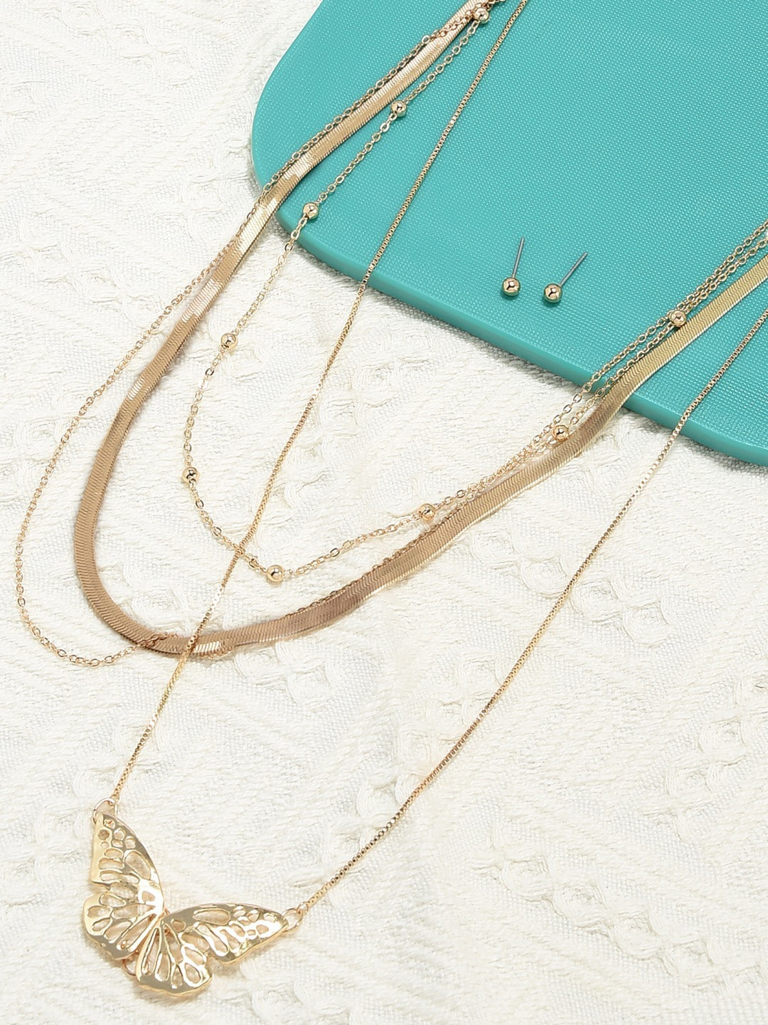 AMI Women Gold-Plated Long Layered Necklace and Earrings