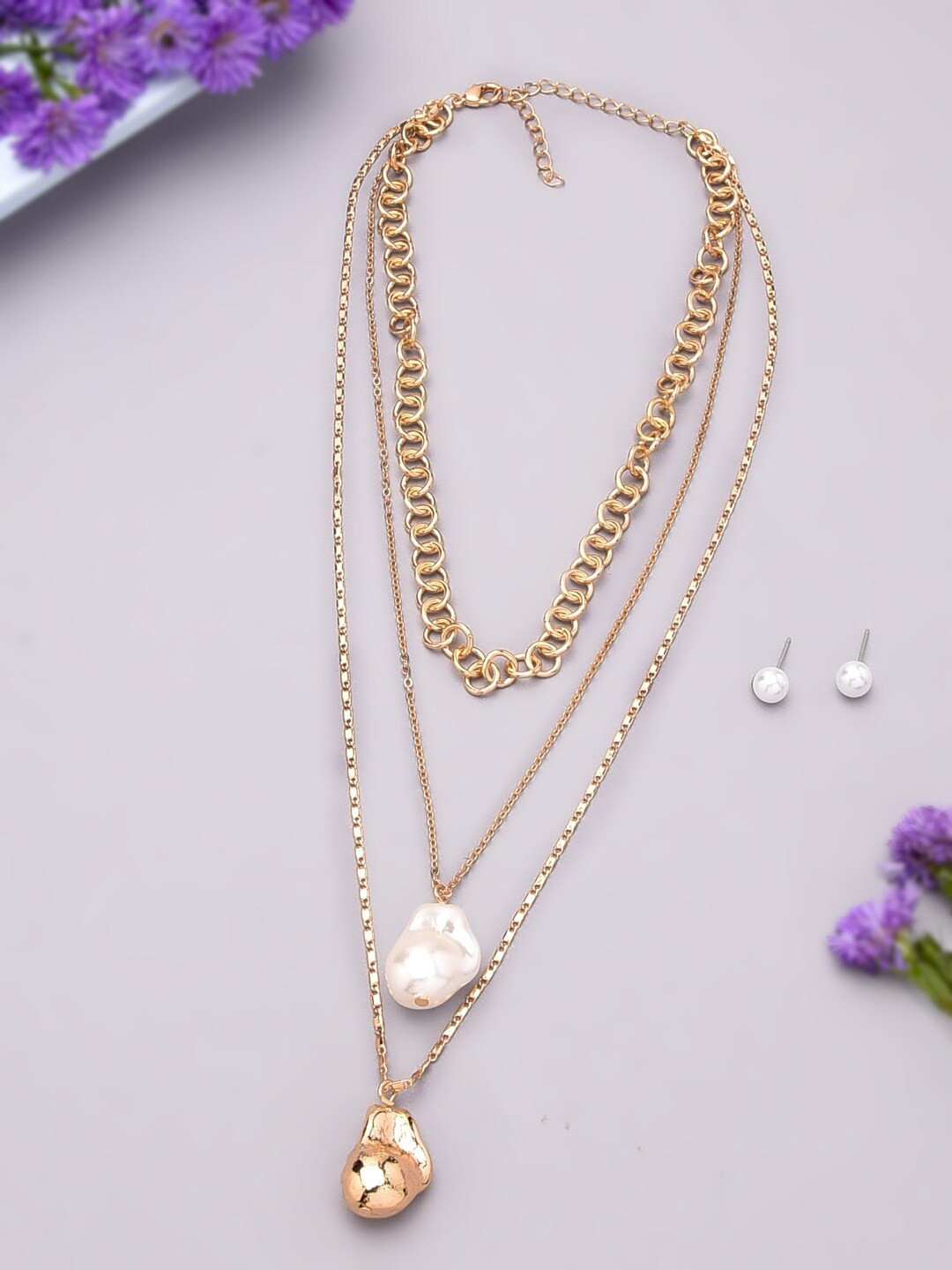 AMI Women Gold-Plated Layered Beaded Necklace and Earrings