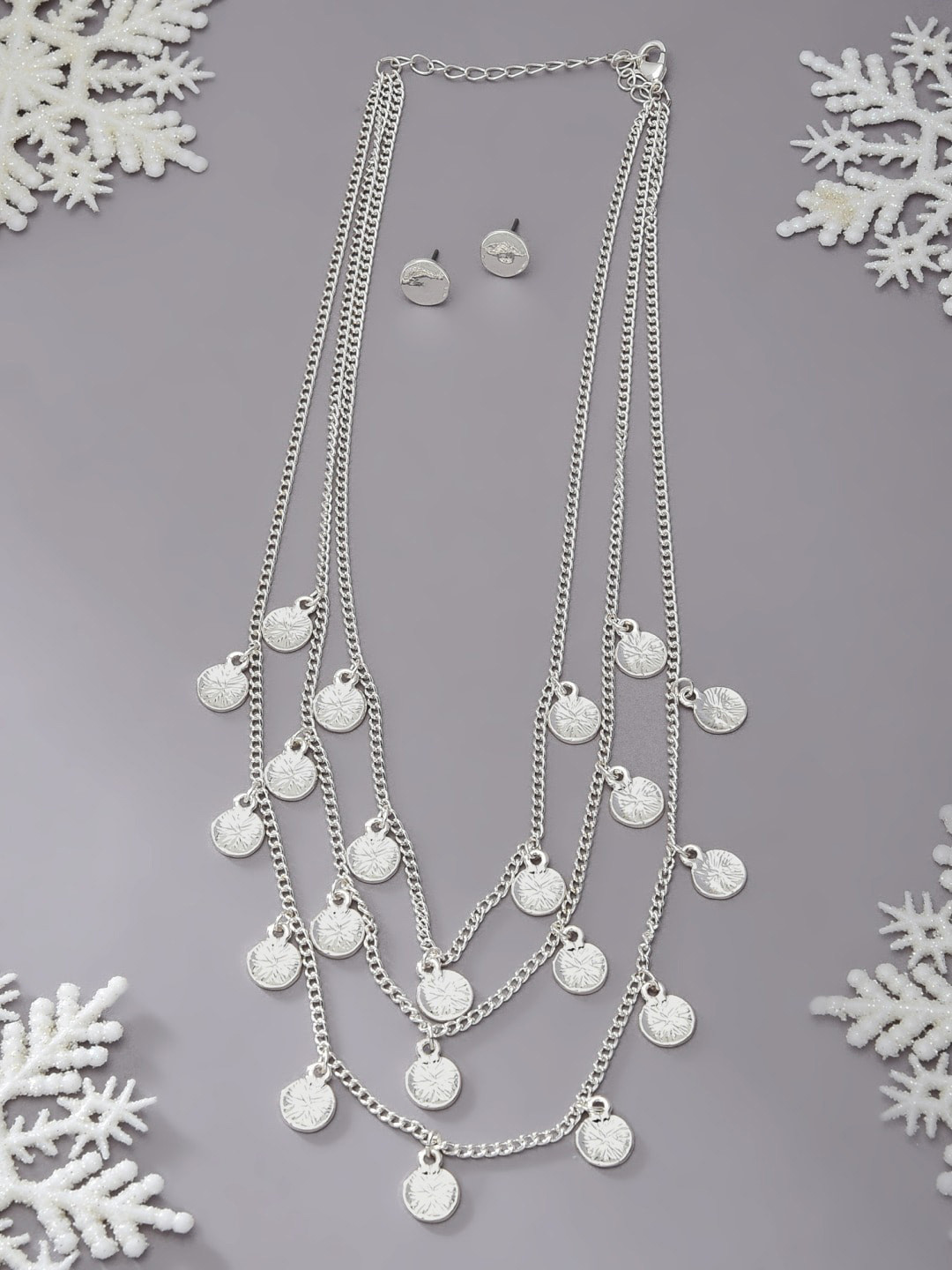 AMI Women Silver-Plated Multi Layered Coin Necklace and Earrings