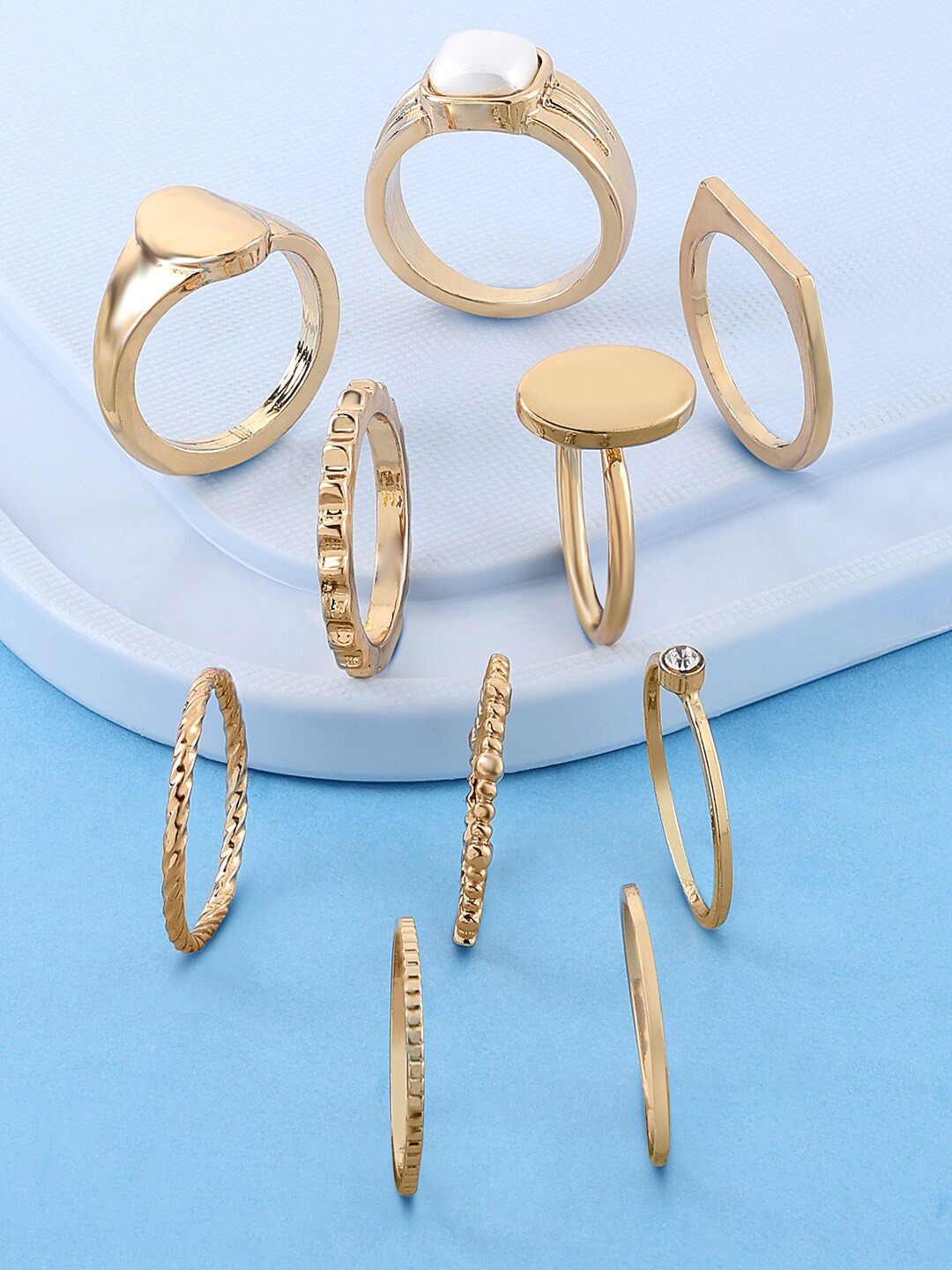 AMI Women Set of 10 Gold Plated Contemporary Designed Finger Rings
