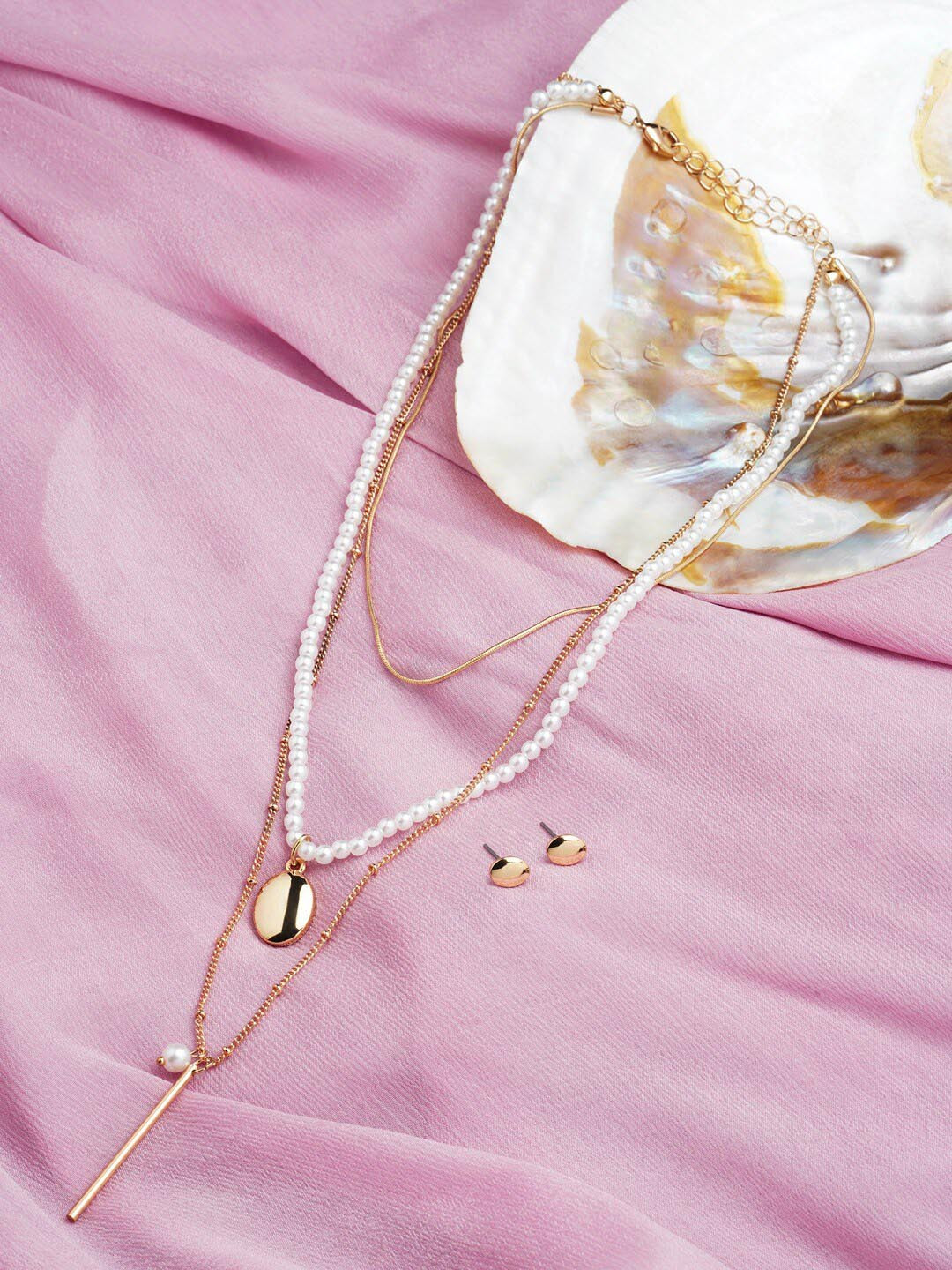 AMI Women Gold-Plated Beaded 3-Layers Necklace and Earrings