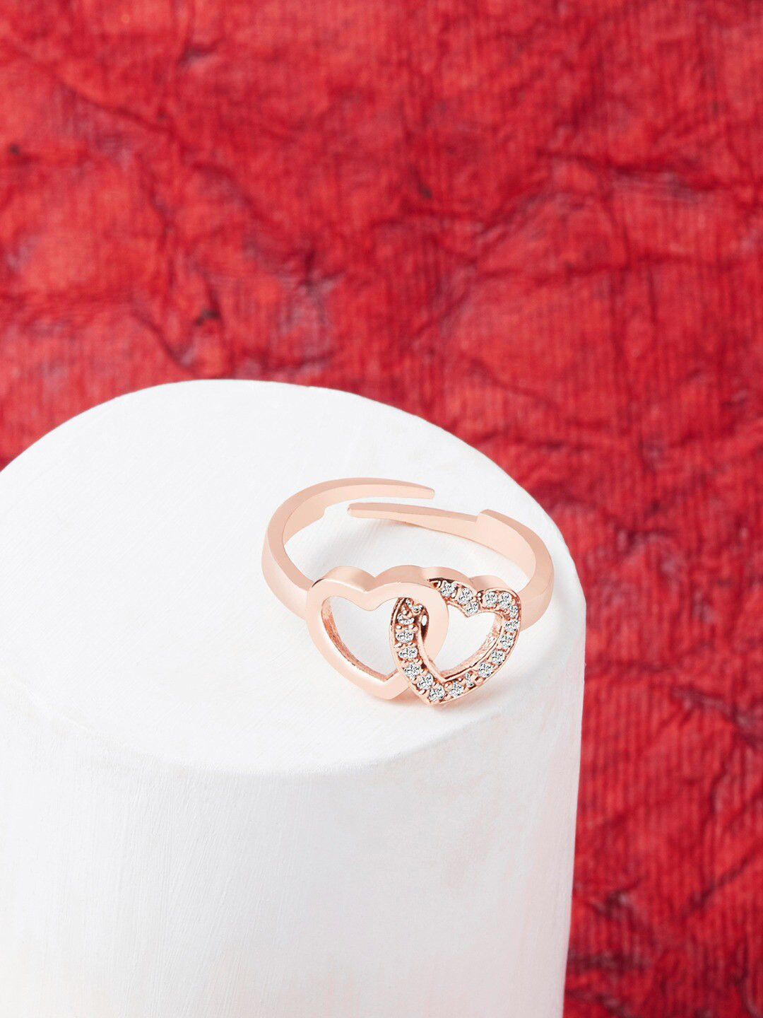 AMI Women Rose Gold-Plated & CZ-Studded With Heart-Charm Finger Ring