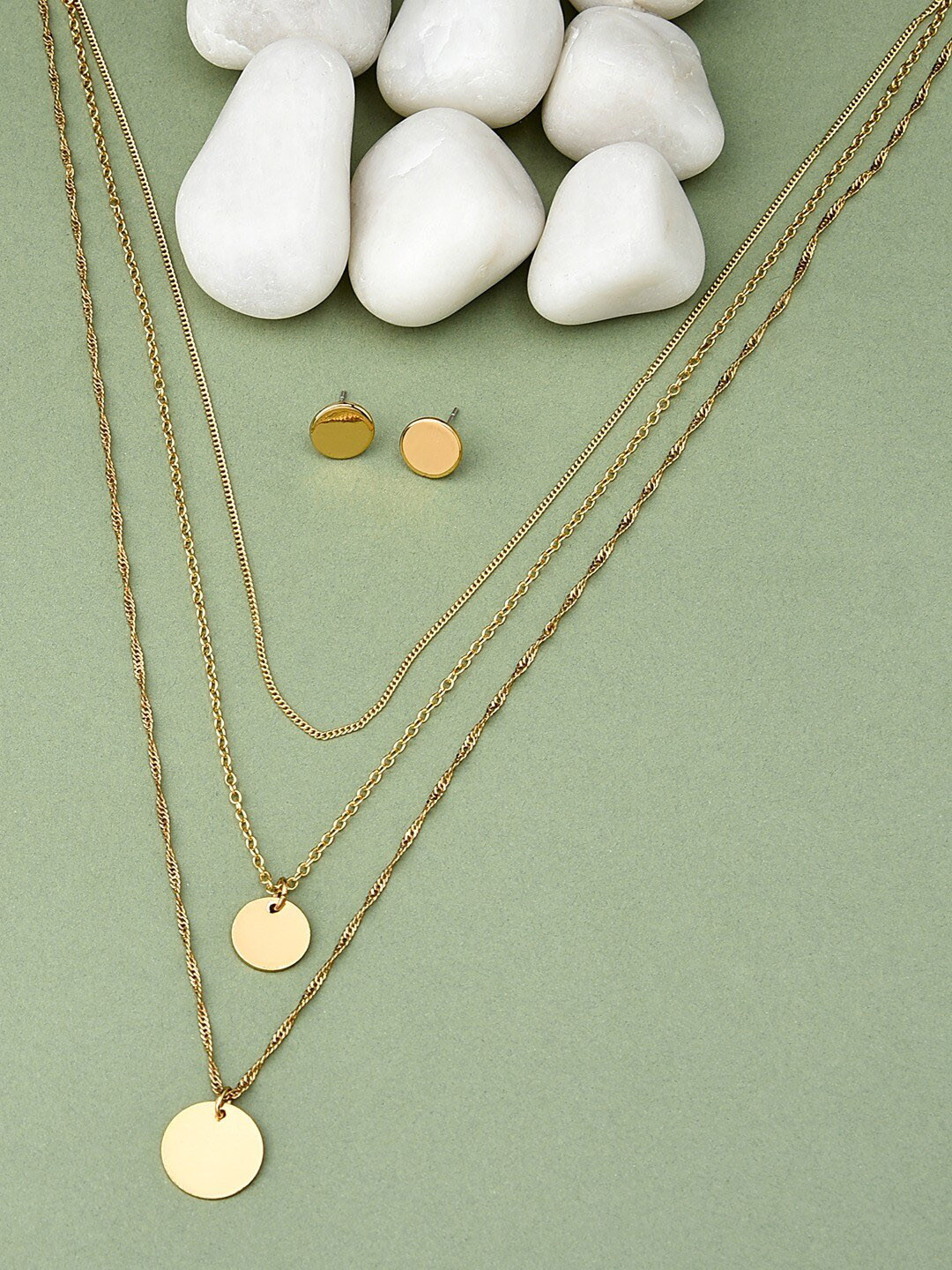 AMI Women Gold-Plated 3 Layered Necklace and Earrings
