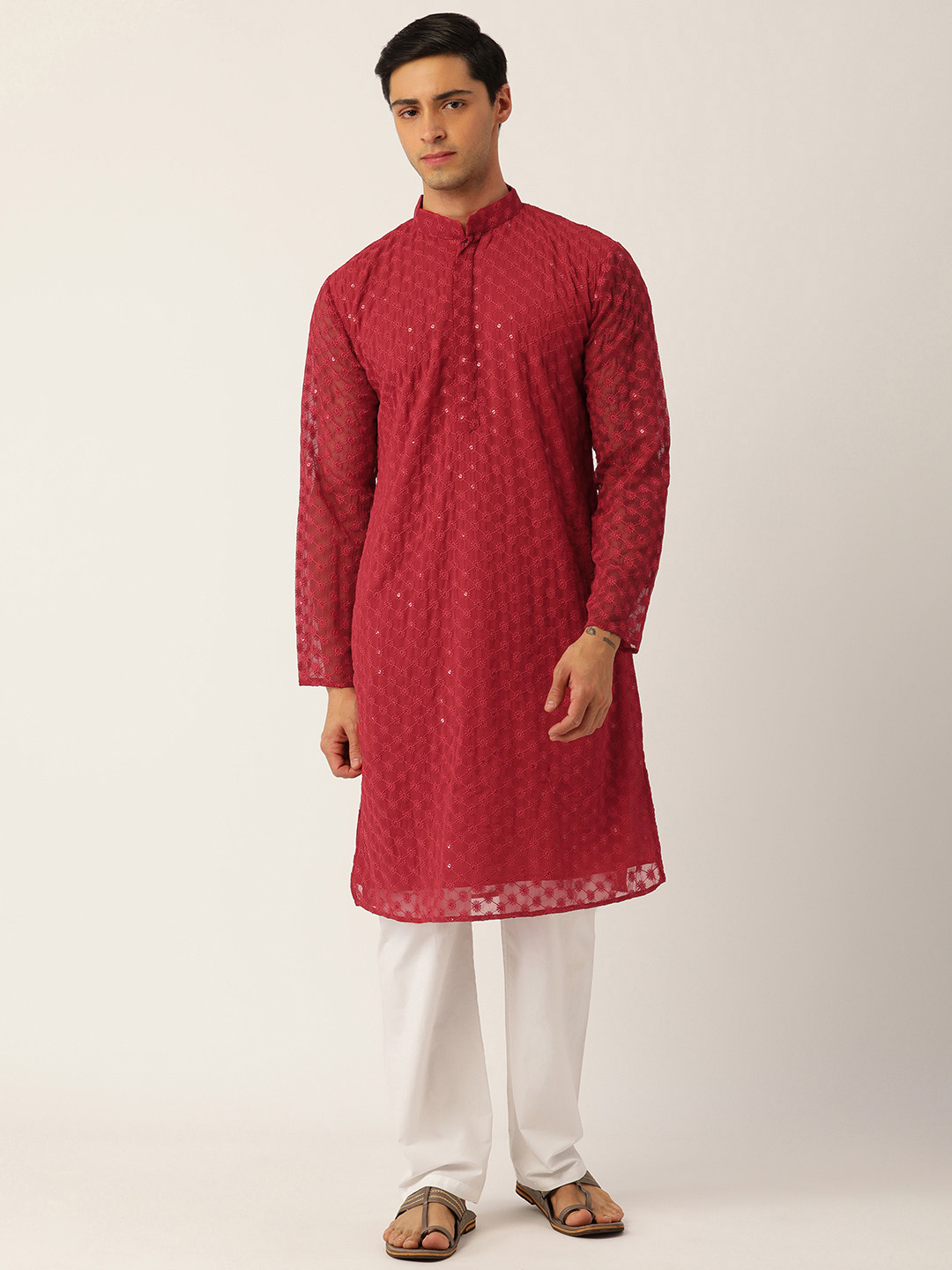 SWAGG INDIA Ethnic Motifs Embroidered Chikankari Georgette Kurta