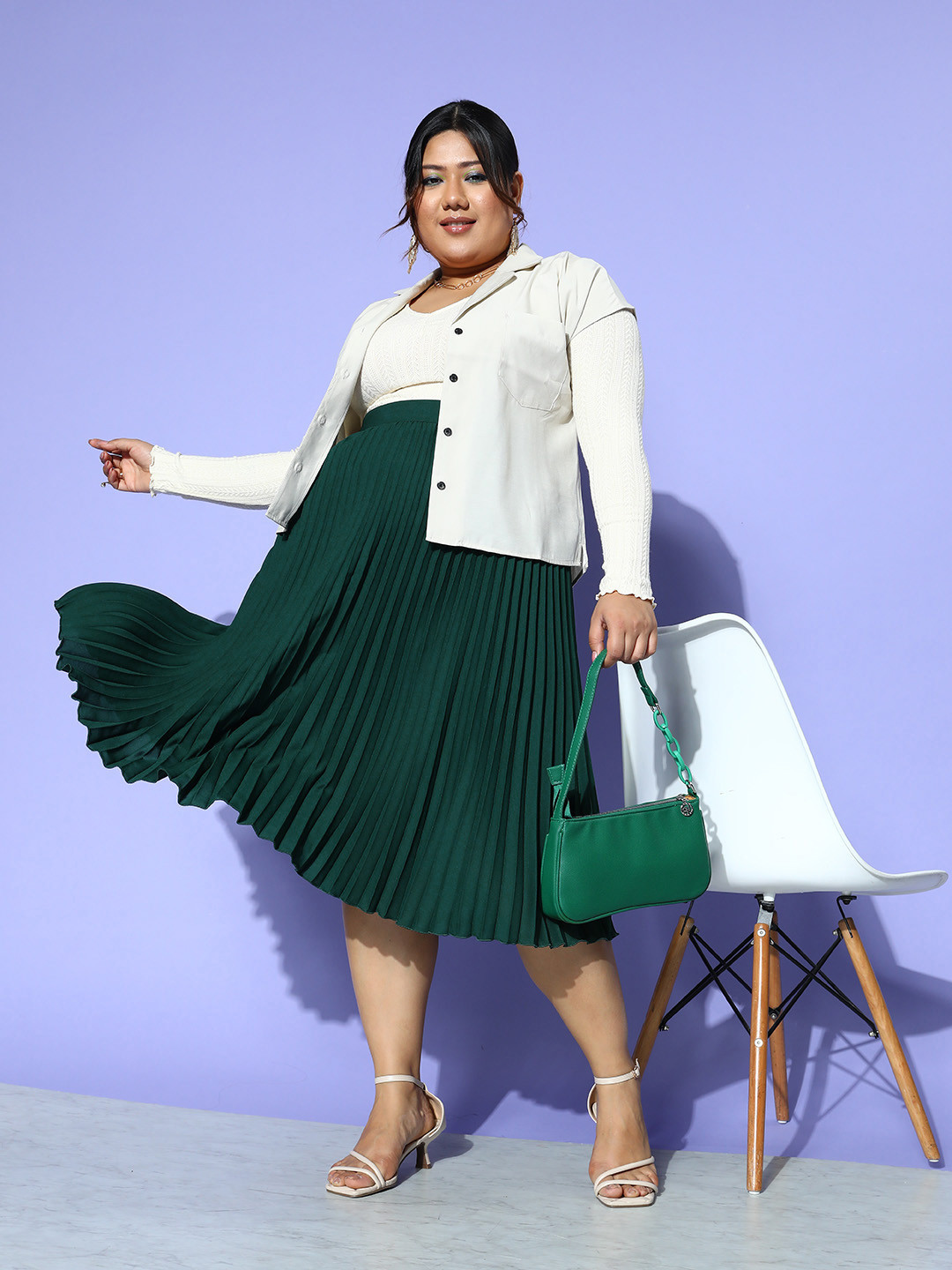 CURVE BY KASSUALLY Plus Size Green Accordion Pleated Flared Georgette Midi Skirt