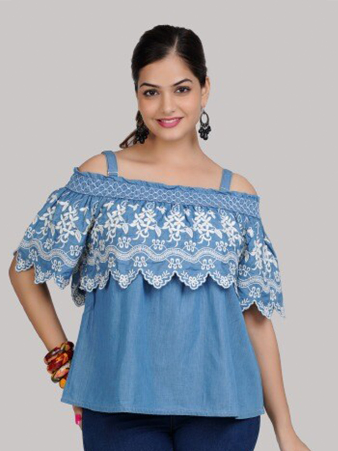 SUMAVI-FASHION Off-Shoulder Denim Bardot Pure Cotton Top