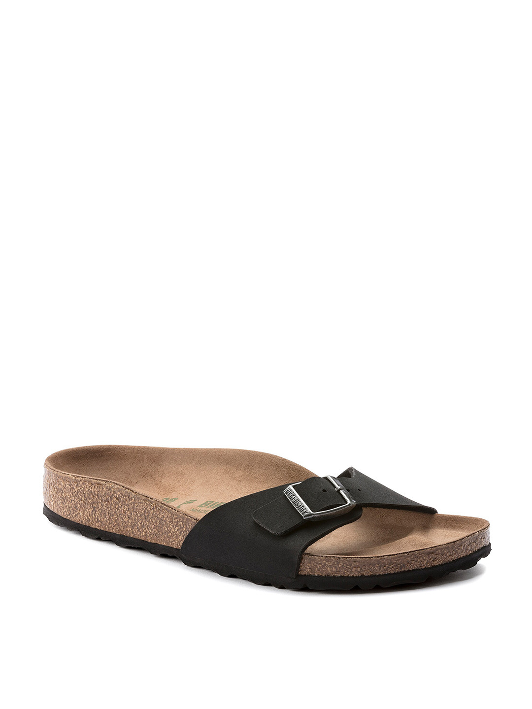 Birkenstock Madrid Vegan Black Regular Width Birko-Flor Nubuck One-Strap Sandals
