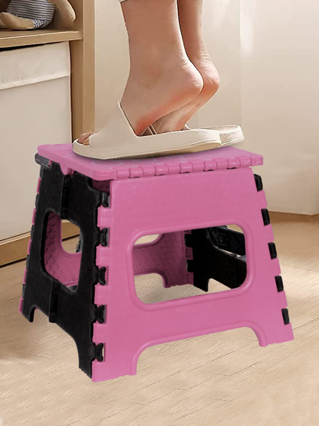 prettykrafts Pink & Black 2 Pcs Colourblocked Folding Stools