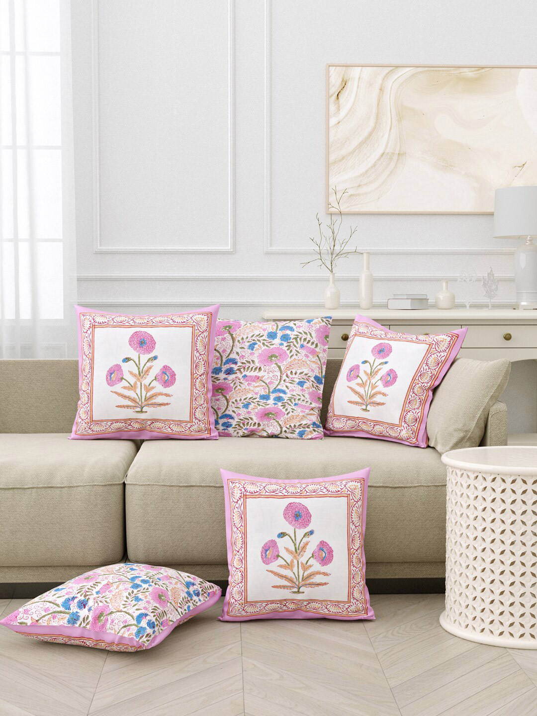 BLOCKS OF INDIA Purple & White 5 Pieces Floral Square Cushion Covers