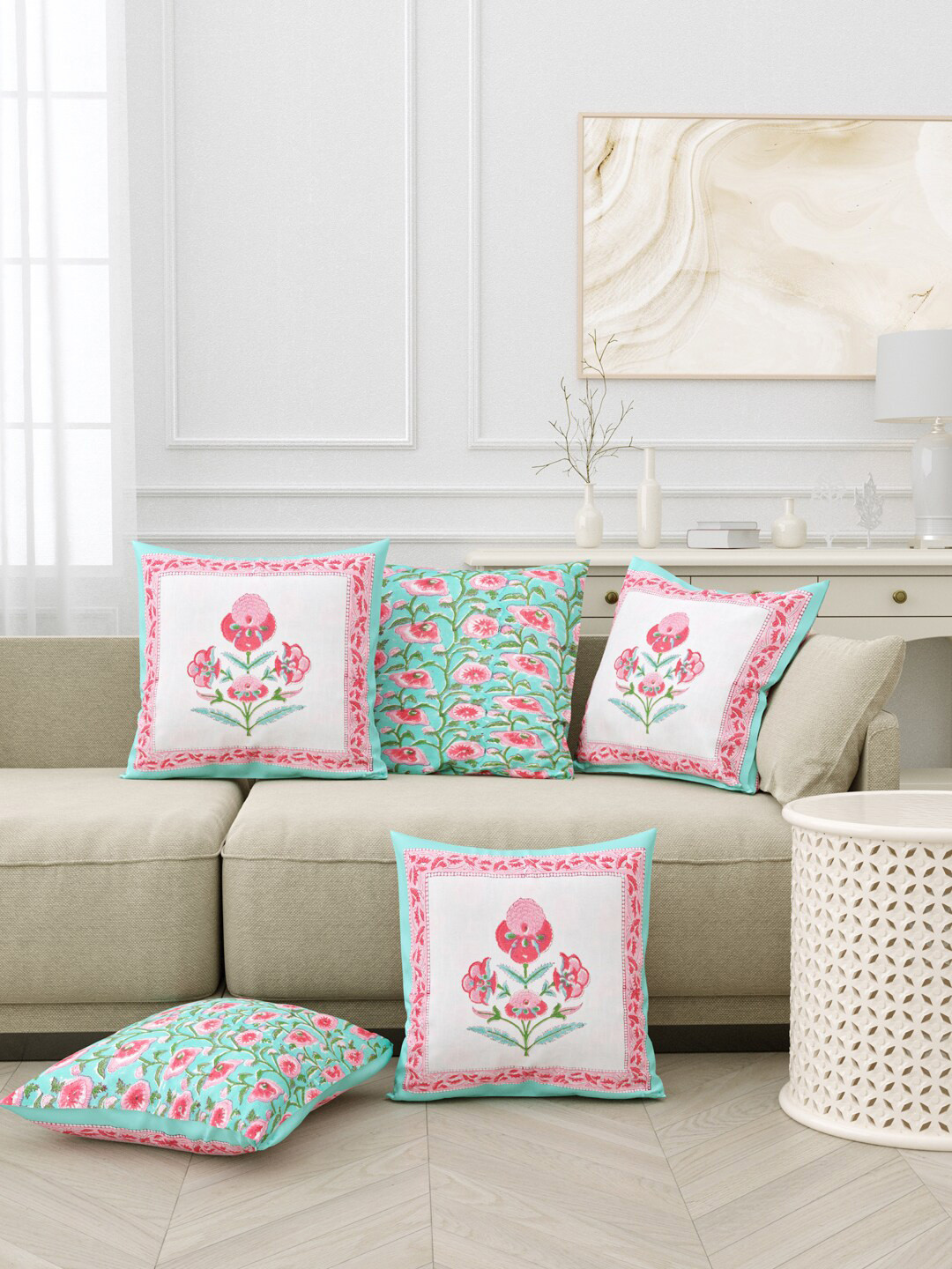 BLOCKS OF INDIA Green & White 5 Pieces Floral Square Cushion Covers