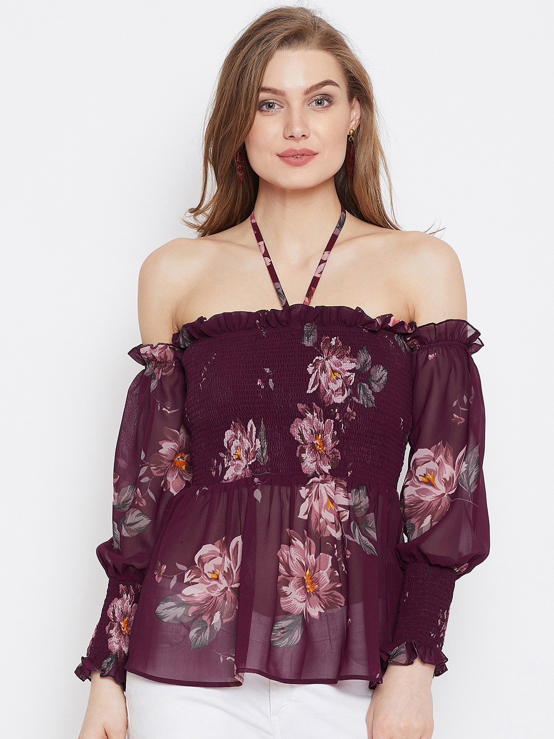 PANIT Burgundy Floral Print Off-Shoulder Neck Bardot Top