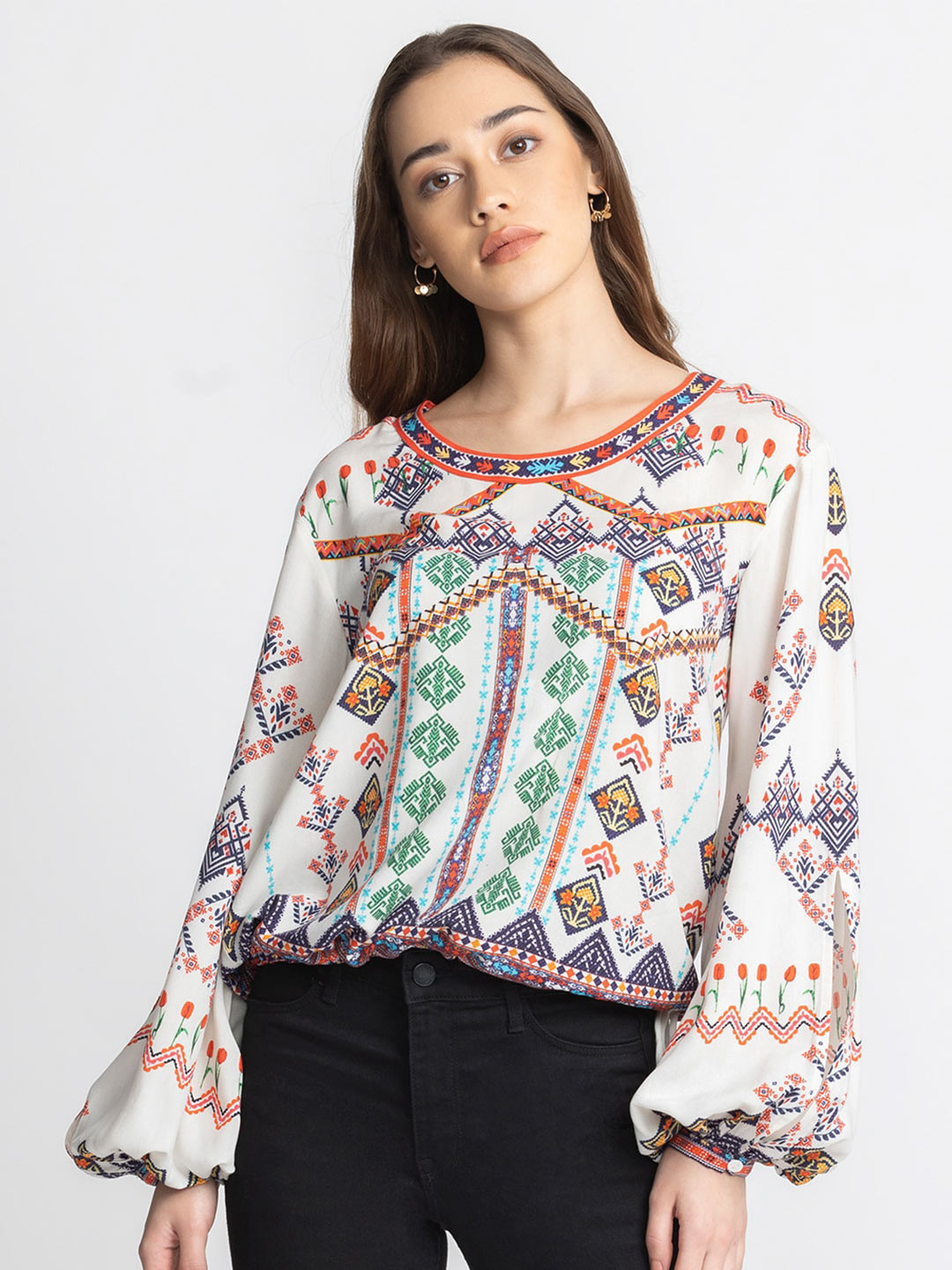 SHAYE Printed Round Neck Blouson Top