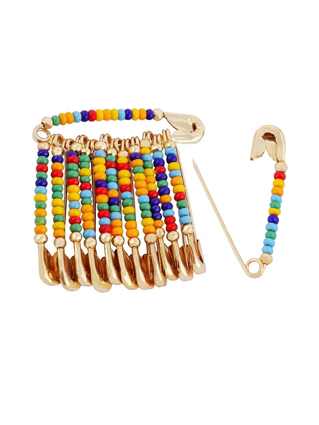 VAMA 12 Pcs Gold Plated Multicolor Beads Safety Saree Pleats Pin Brooch