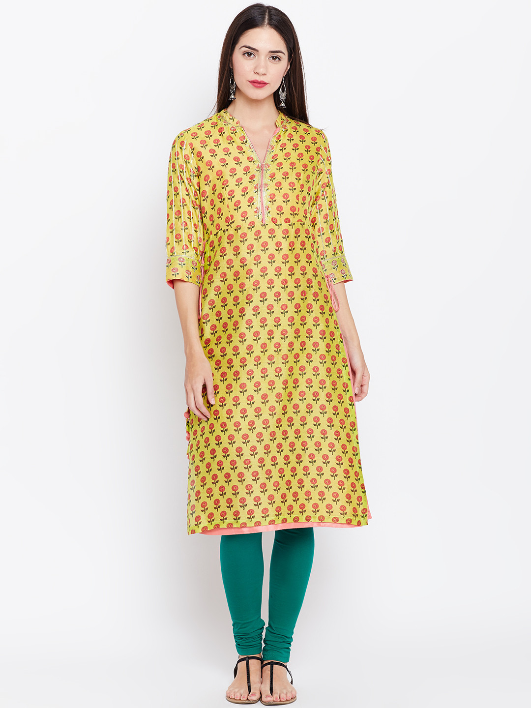 Biba Women Yellow & Pink Layered Floral Print Straight Kurta