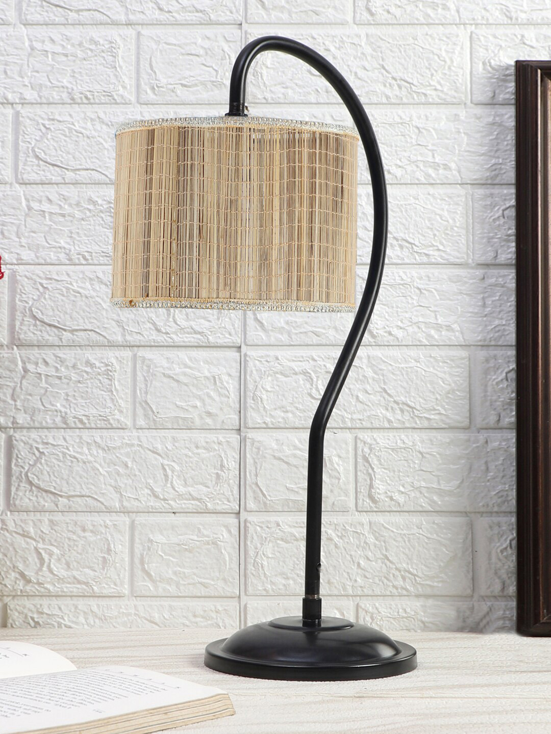 Devansh Beige & Black Textured Bamboo Curvy Table Lamp With Iron Base
