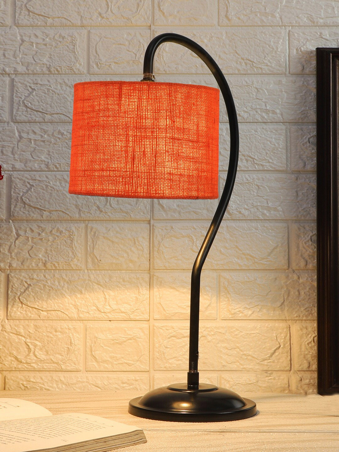 Devansh Orange & Black Textured Jute Curvy Table Lamp With Iron Base