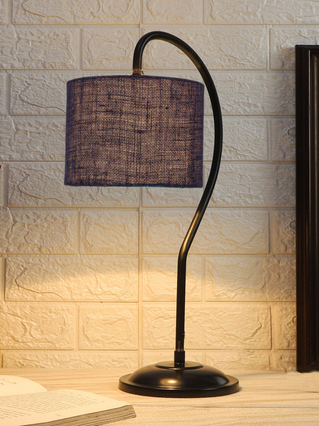 Devansh Blue & Black Textured Jute Curvy Table Lamp With Iron Base