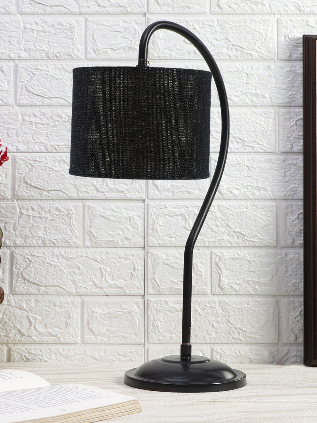 Devansh Black Textured Jute Curvy Table Lamp With Iron Base