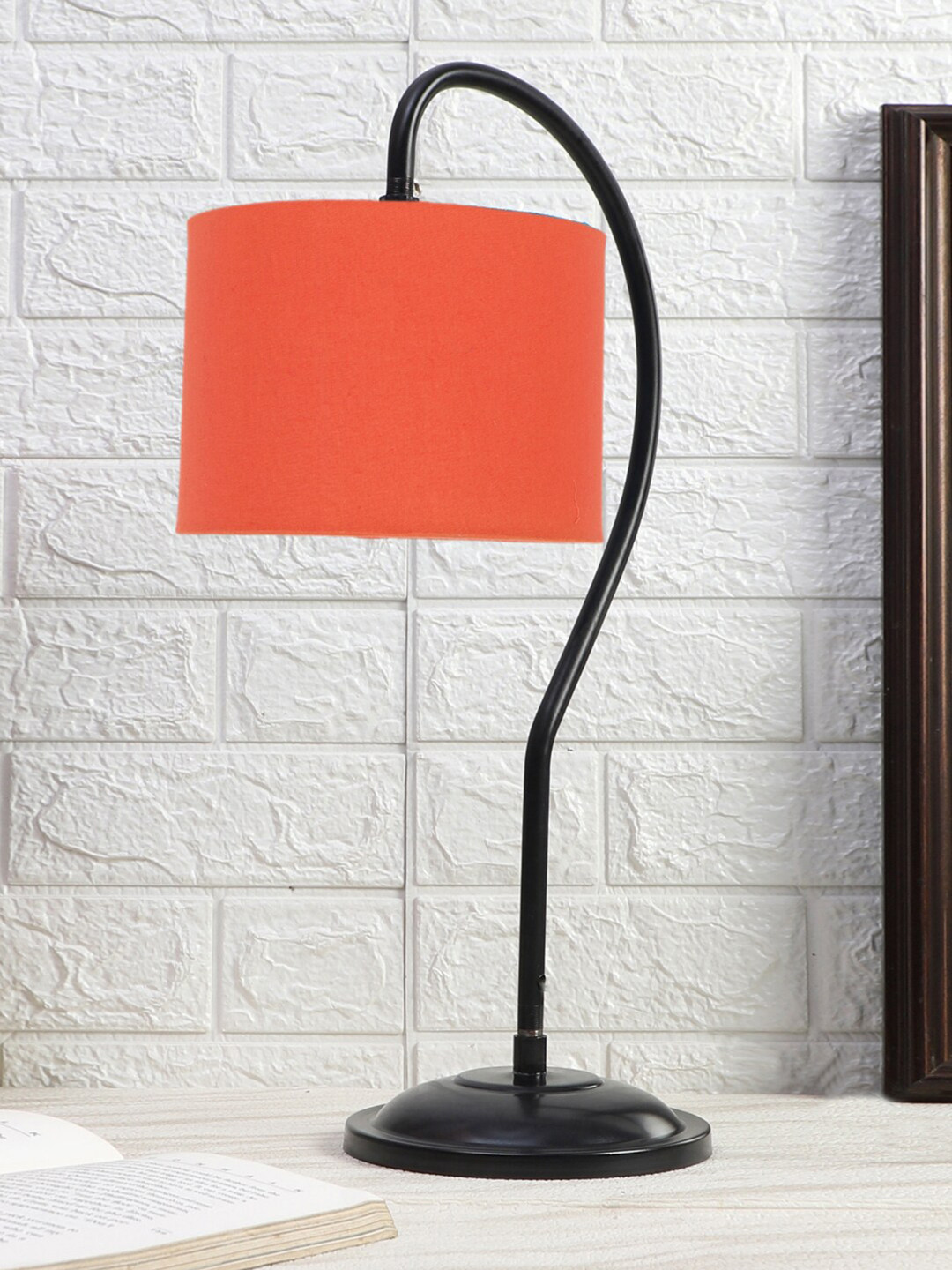 Devansh Orange & Black Textured Cotton Curvy Table Lamp With Iron Base