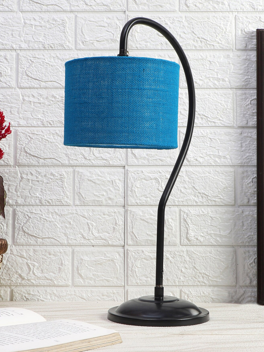 Devansh Turquoise Blue & Black Textured Jute Curvy Table Lamp With Iron Base